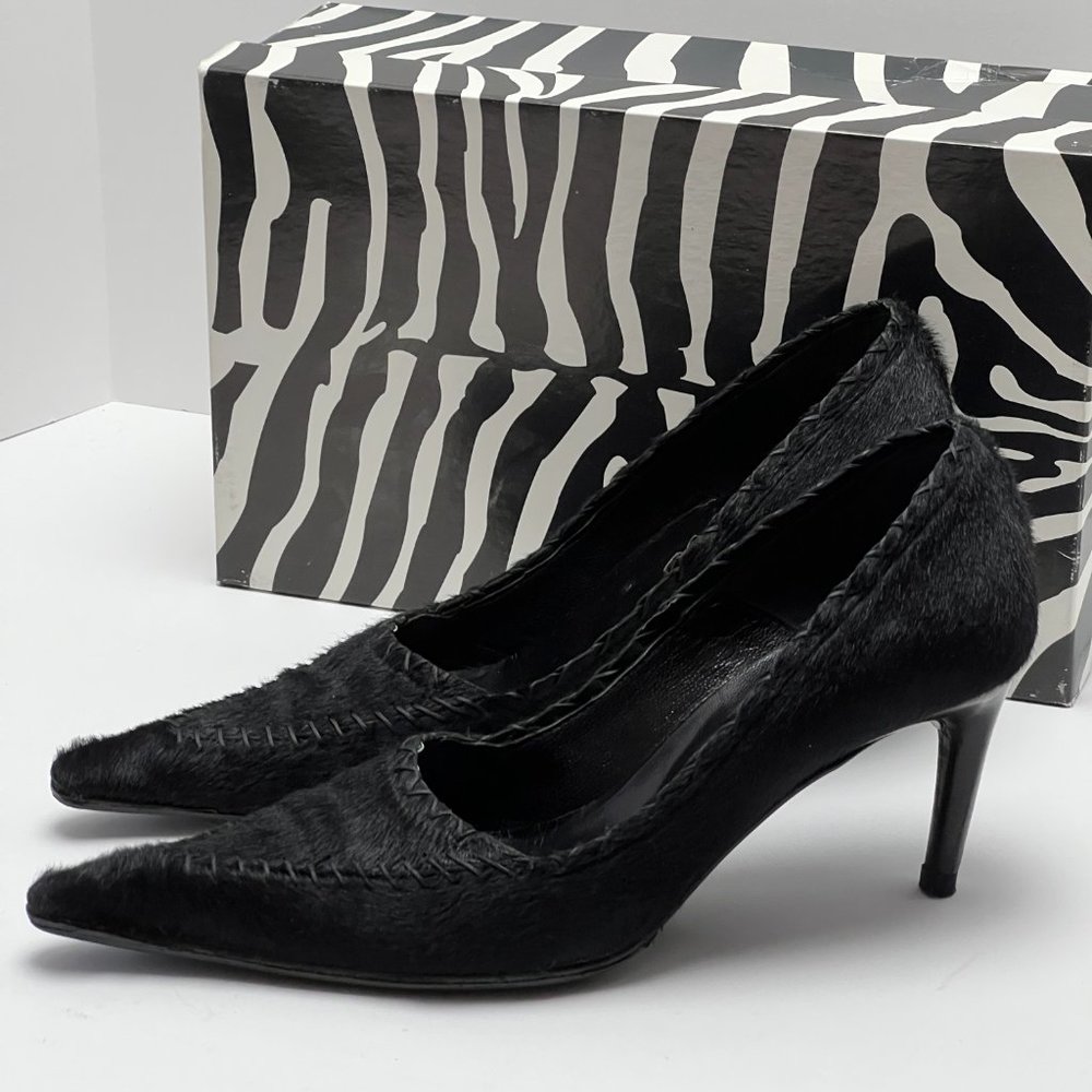 💖Italian Black Genuine Fur Leather Heels by Work In Progress Size 7 - Picture 3 of 10
